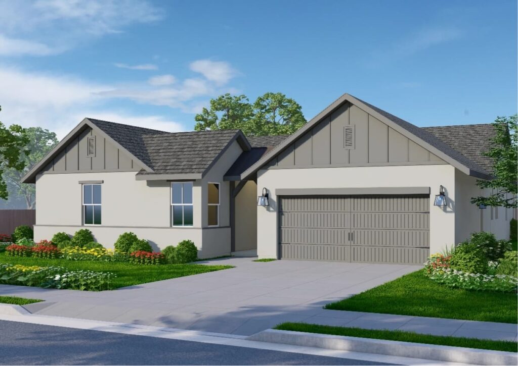 A single-story farmhouse-style home with a two-toned gray exterior. The home has a sloped roof with shingles and siding on the front-facing walls. The garage door and window trim are painted in the darker gray color.