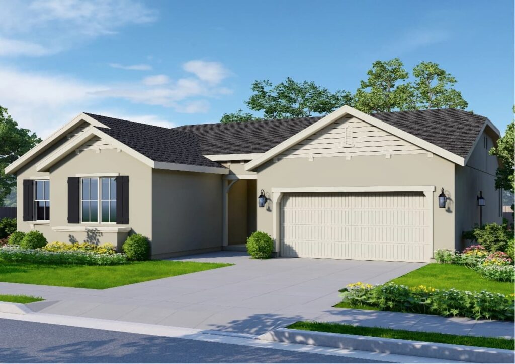 The Cottage elevation is a one-story home with a soft beige exterior, white accents, and horizontal siding. The large front windows are framed with black shutters, and the light-colored garage door has subtle paneling details.