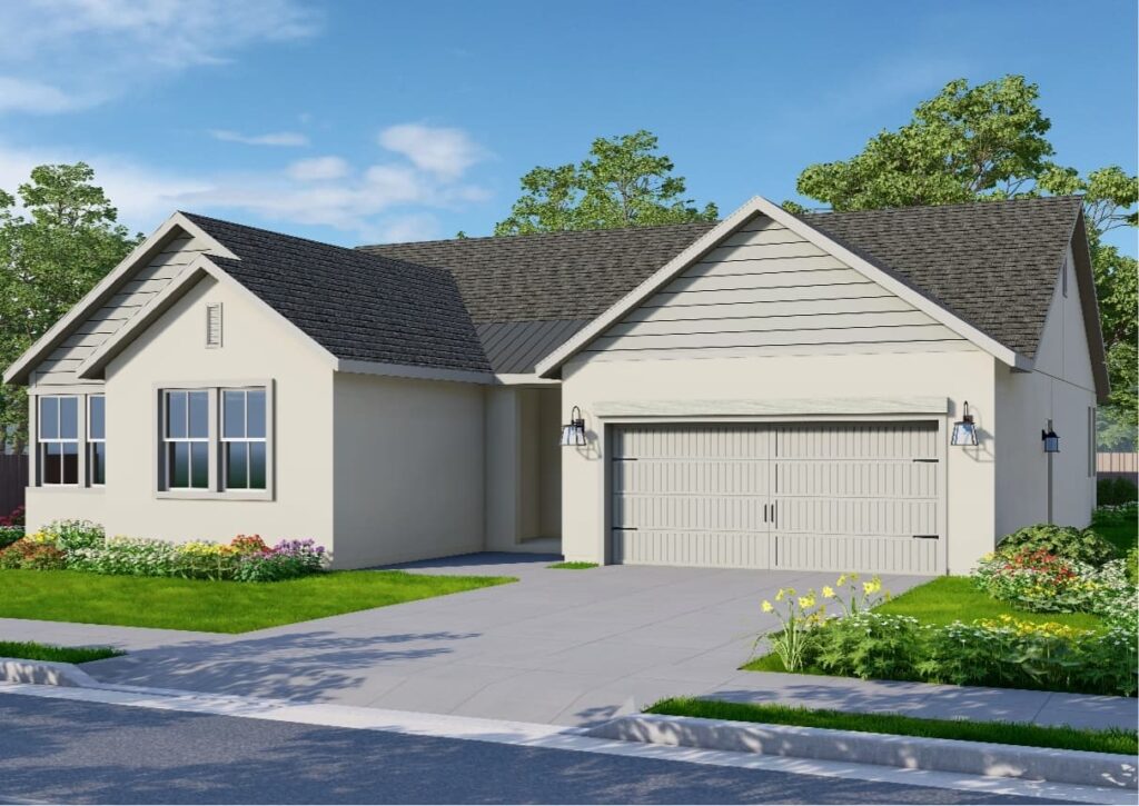 The Farmhouse elevation is a one-story home with a light beige exterior and gray trim. This design features horizontal siding, a shingled roof, and a garage door with paneling.