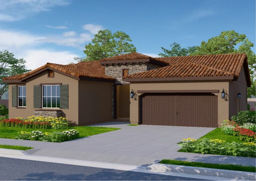 The Tuscan elevation is a one-story home featuring a Mediterranean-inspired design. The exterior has brown walls with a stone accent wall framing the entrance. The home has a tiled roof, dark shutters, and a rustic dark brown paneled garage door.