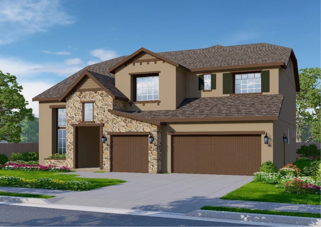 The Cottage elevation features warm beige walls complemented by large front windows that enhance the home’s brightness. The entrance and single garage door are beautifully accented by stone, while darker brown elements frame the design and an additional two-car garage door.