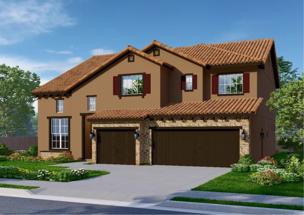 The Tuscan elevation showcases warm tan walls paired with a light tiled roof. Red shutters accent the three upper-floor windows. The garage is surrounded by stone for a cohesive look, and the design includes both a single and double garage door, both in dark brown.