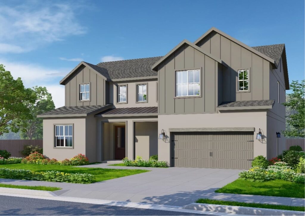 The Farmhouse elevation showcases a fresh light gray exterior, accentuated by darker gray paneling on the upper floor walls. A dark roof contrasts beautifully with the lighter siding and trim, while the paneled garage door features rustic details that enhance its appeal.