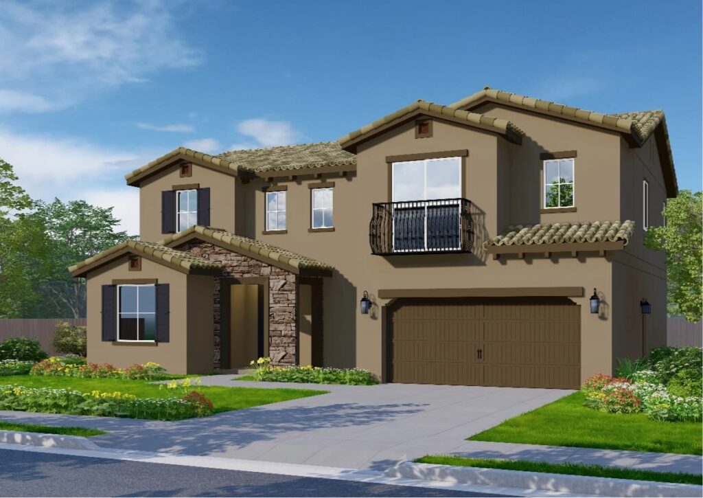 The Tuscan elevation has a rich brown exterior with a classic tiled roof. The brown garage door features elegant paneling, while dark shutters frame the front windows. Stone accents highlight the front entrance and a small balcony with a sliding door is located on the upper floor.